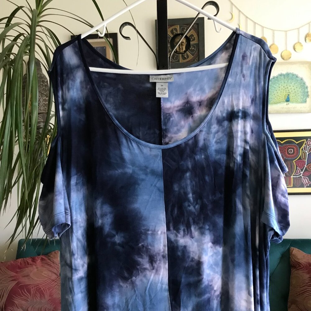 CATHERINES size 3X Navy Blue Tie Dye Stretch Jersey Cold Shoulder Maxi Dress - Picture 2 of 6